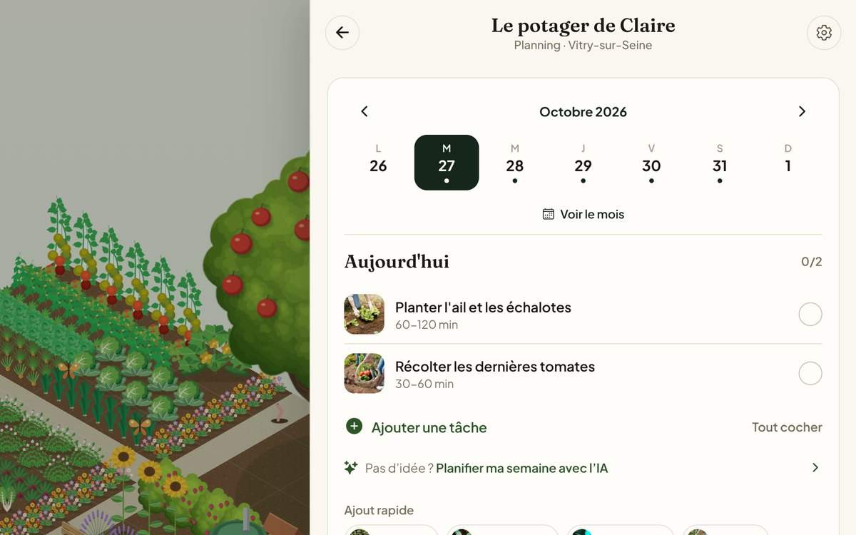 Hortenia dans le navigateur : le potager en 3D et le planning de la semaine avec les gestes du jour, planter l'ail et récolter les dernières tomates