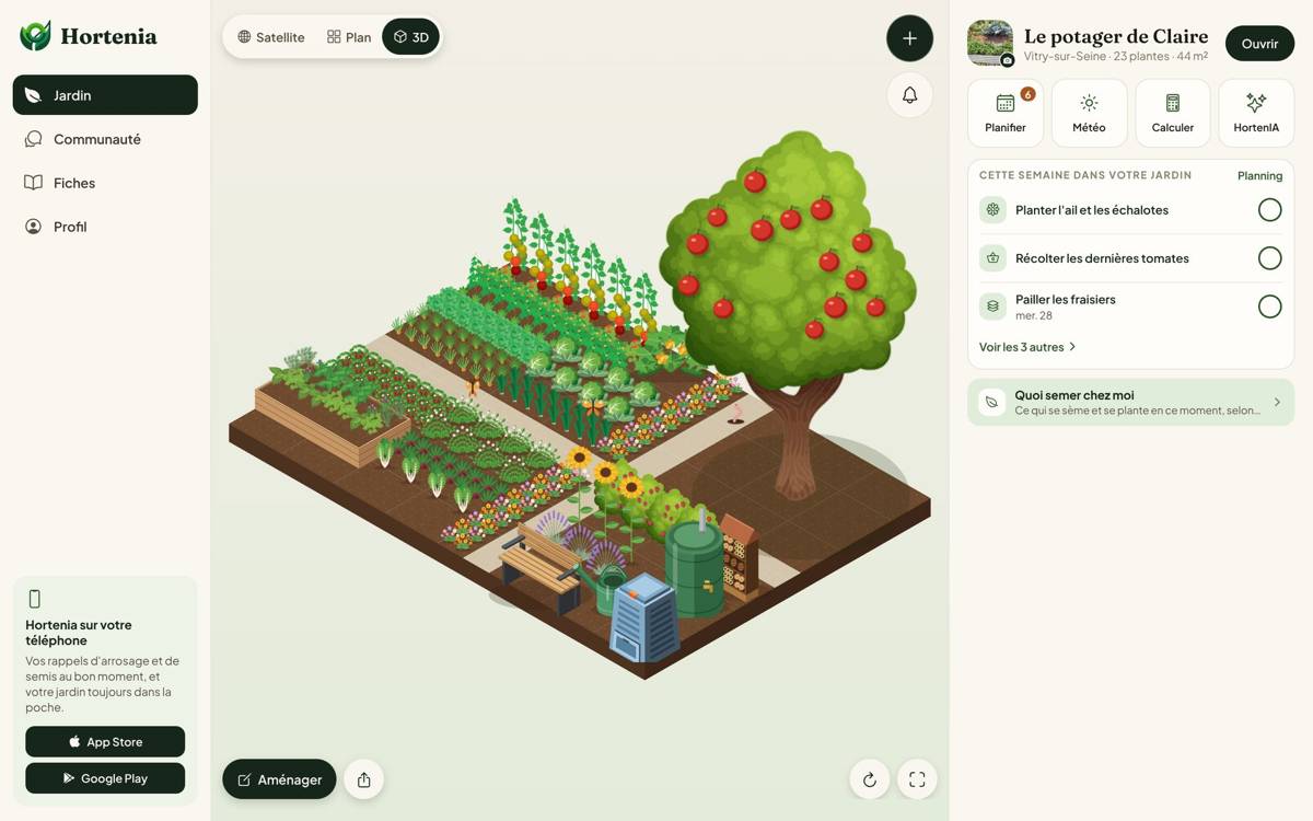 Hortenia dans le navigateur : le potager en 3D et les tâches de la semaine