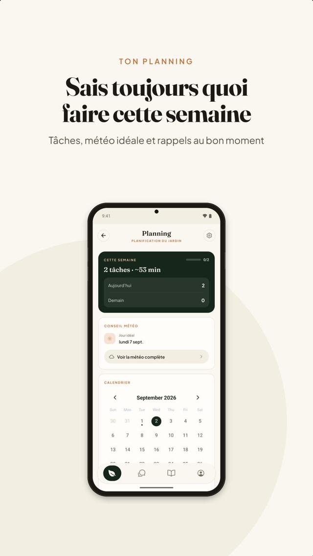 Écran du planning de la semaine dans l'application potager Hortenia