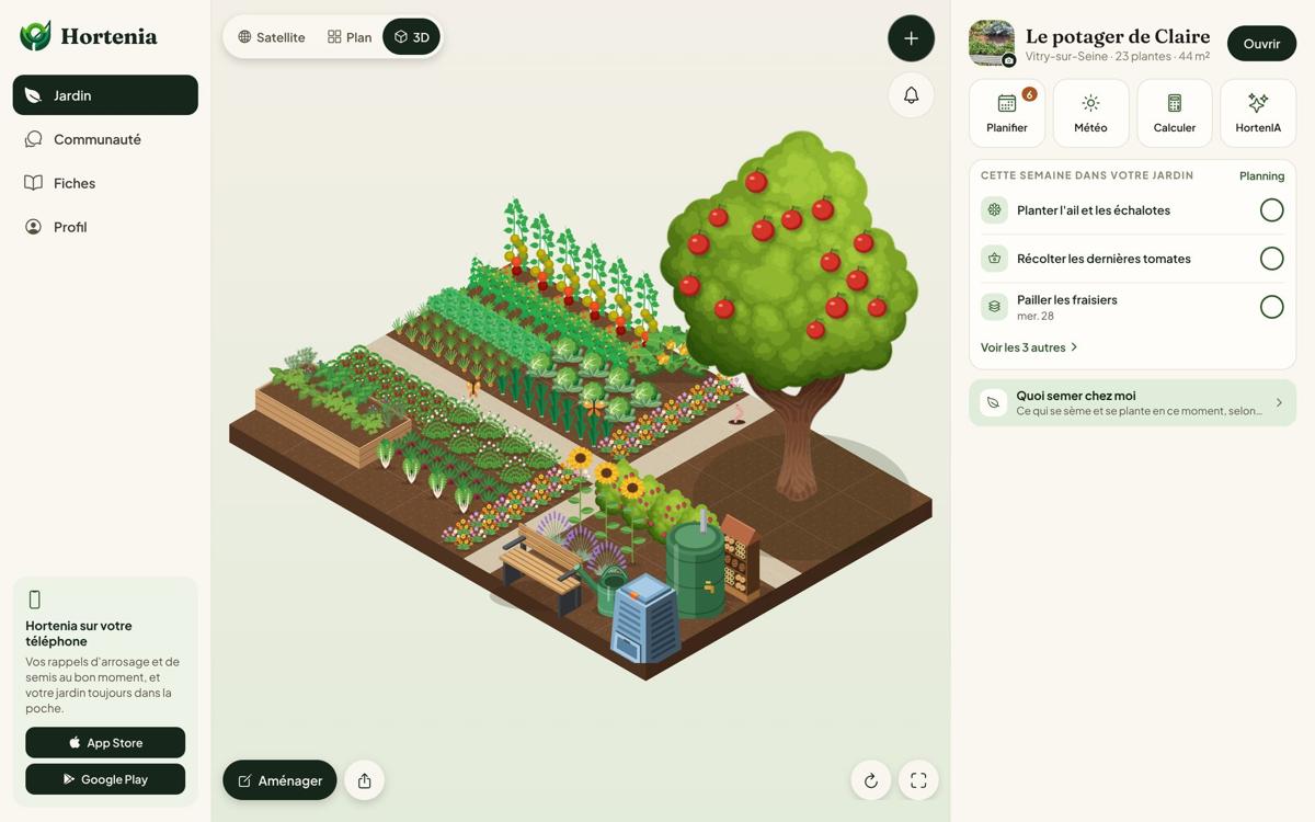 Le même potager en 3D dans Hortenia : planches de légumes, pommier, tournesols, banc, composteur et récupérateur d'eau, avec les tâches de la semaine à droite