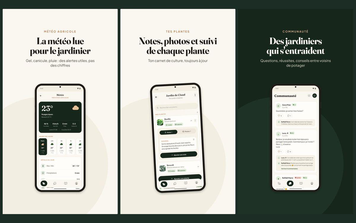 Écrans de l'application Hortenia : météo du jardinier, fiches de culture et communauté