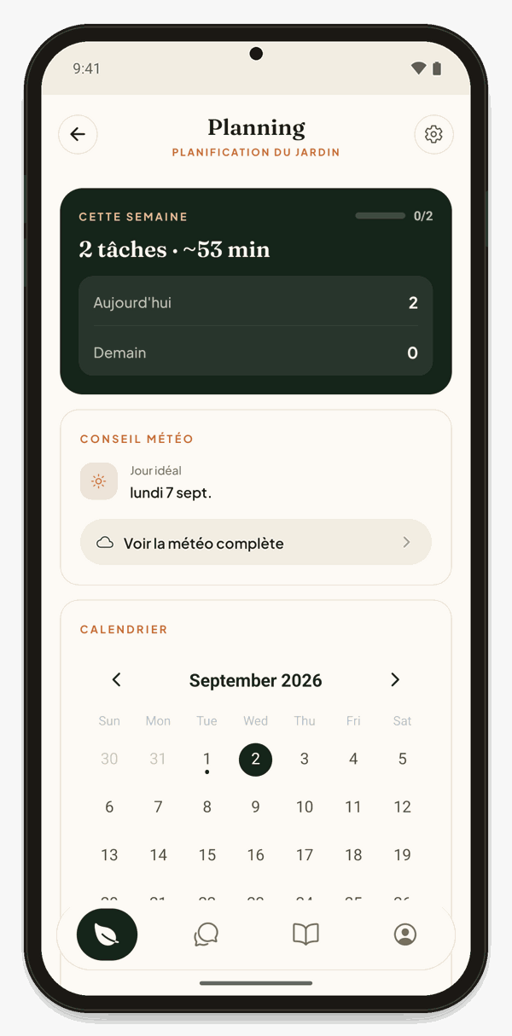Le planning de tâches du jardin dans l'application Hortenia