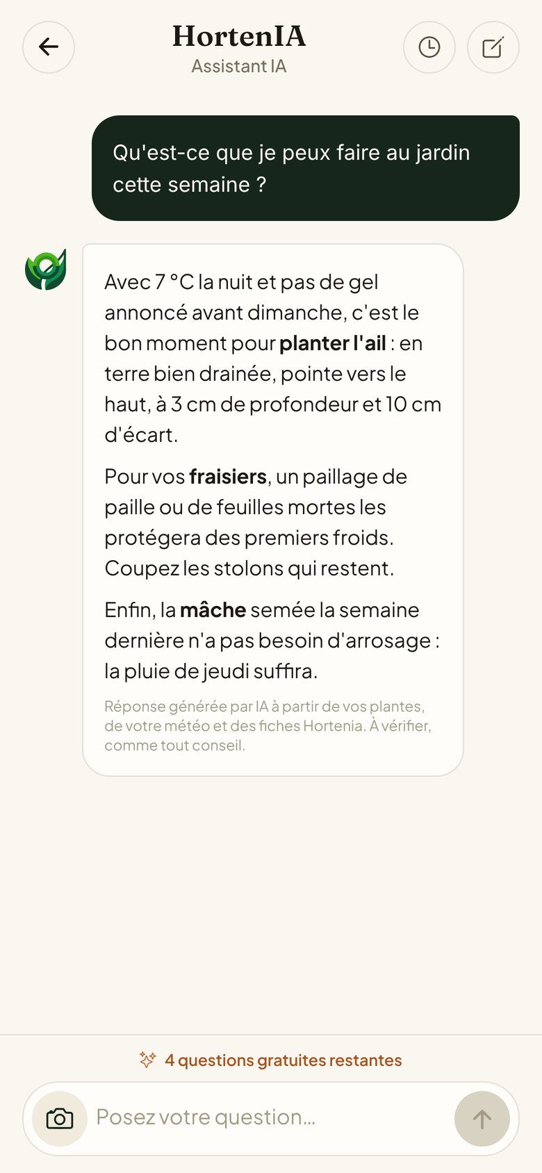 L'assistant HortenIA répond avec la météo et les plantes du jardin