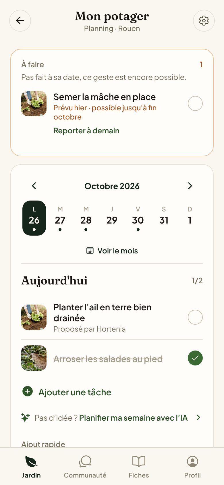 Le planning de la semaine dans Hortenia : les gestes du jour et ce qui reste à faire