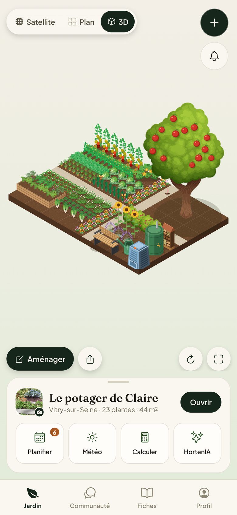 Le même potager en 3D dans Hortenia : planches de légumes, pommier, tournesols, banc, composteur et récupérateur d'eau, avec les tâches de la semaine à droite
