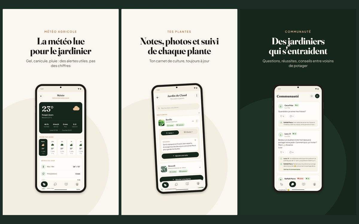 Écrans de l'application Hortenia : météo du jardinier, fiches de culture et communauté
