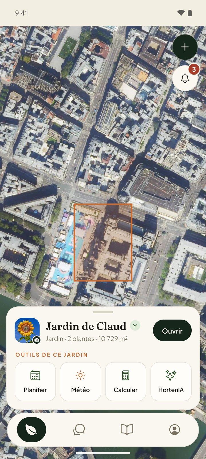 Jardin dessiné sur la carte satellite dans Hortenia
