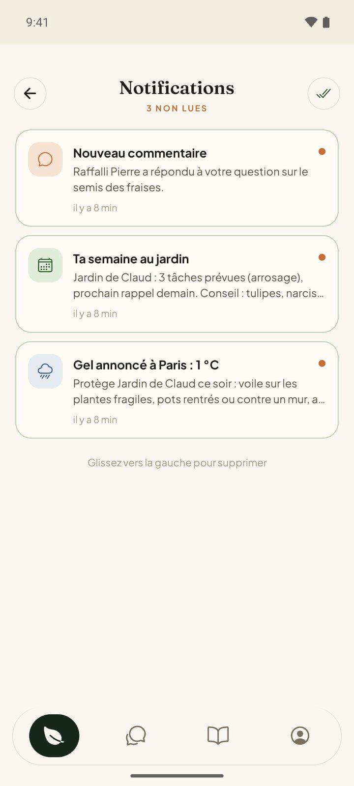 Notifications de jardinage dans Hortenia