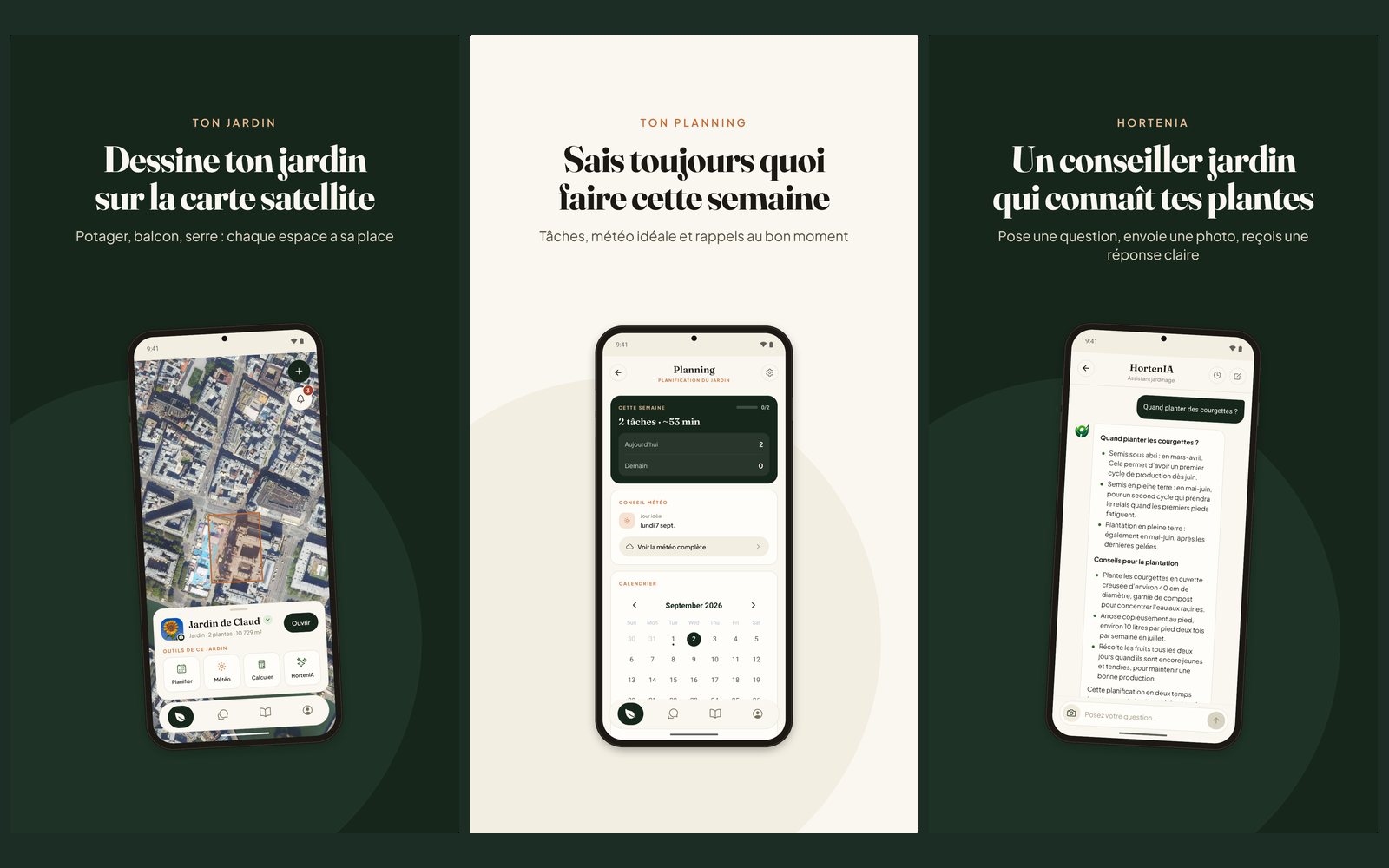 Hortenia : le jardin dessiné sur la carte satellite, le planning de la semaine et l’assistant HortenIA