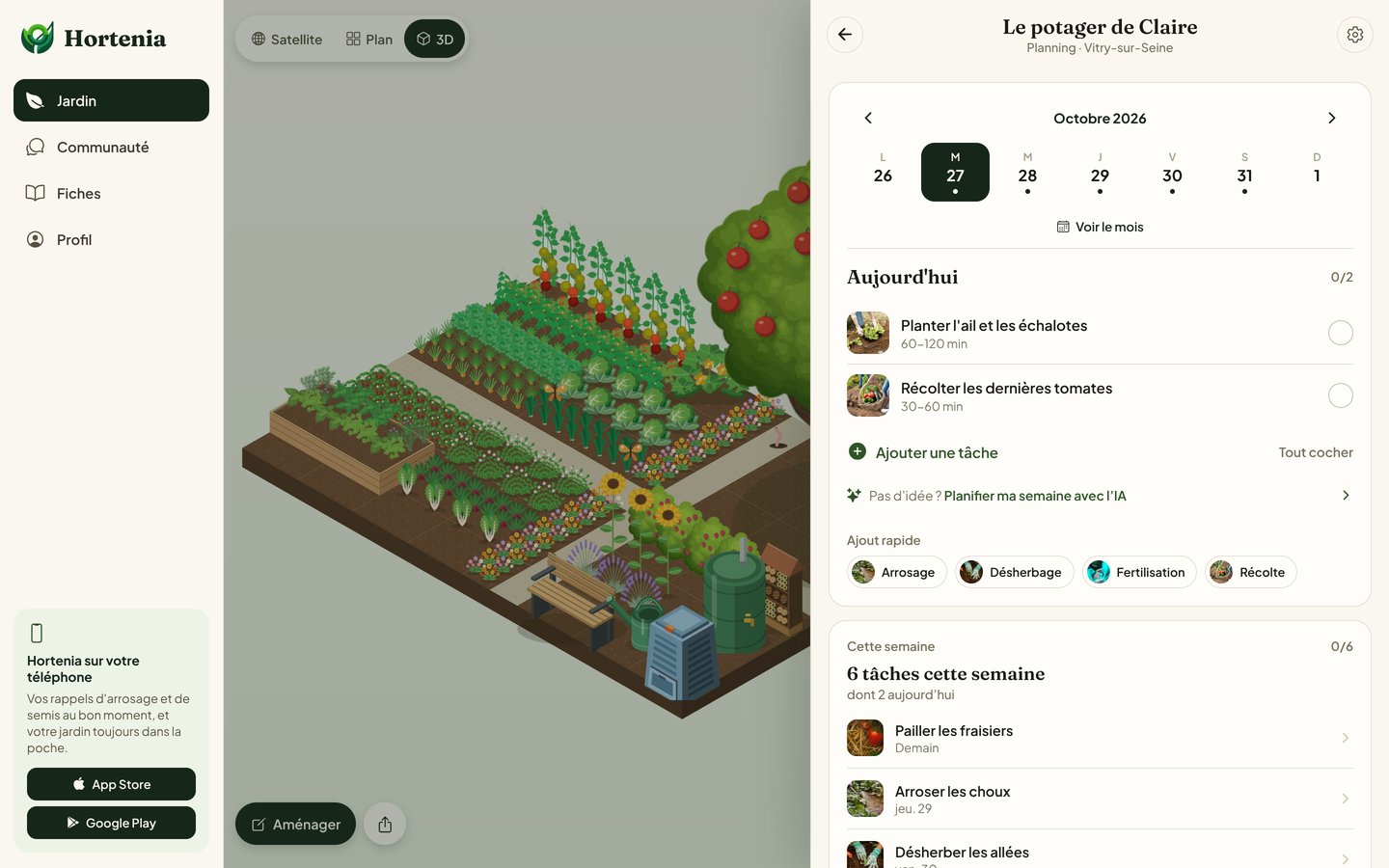 Hortenia dans le navigateur : le potager en 3D à gauche, le planning de la semaine ouvert dans un panneau à droite